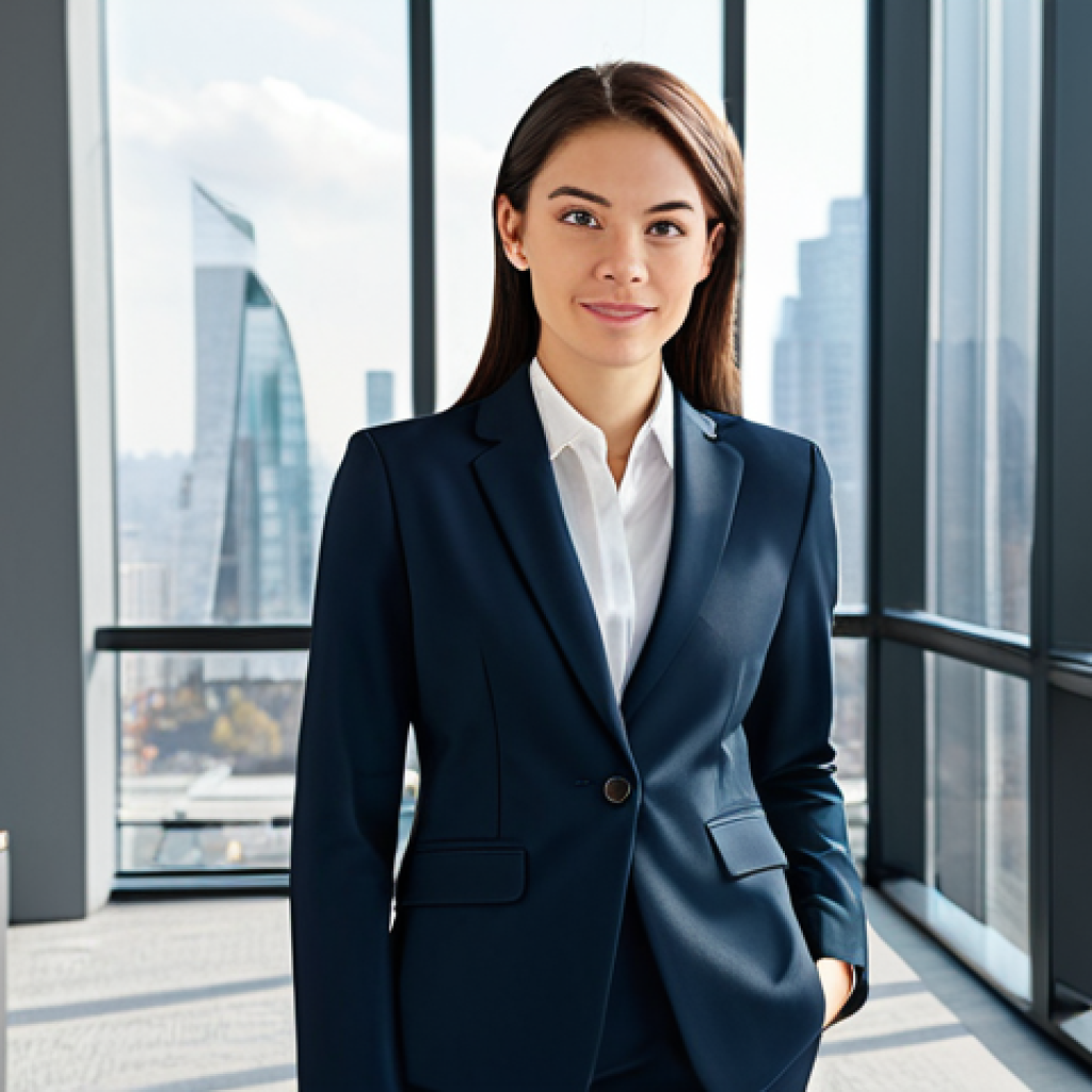 **
"A professional businesswoman in a modest, tailored business suit, standing confidently in a modern office lobby with large windows overlooking a cityscape, fully clothed, appropriate attire, safe for work, perfect anatomy, natural proportions, professional corporate photography, high quality, bright and airy lighting."
**