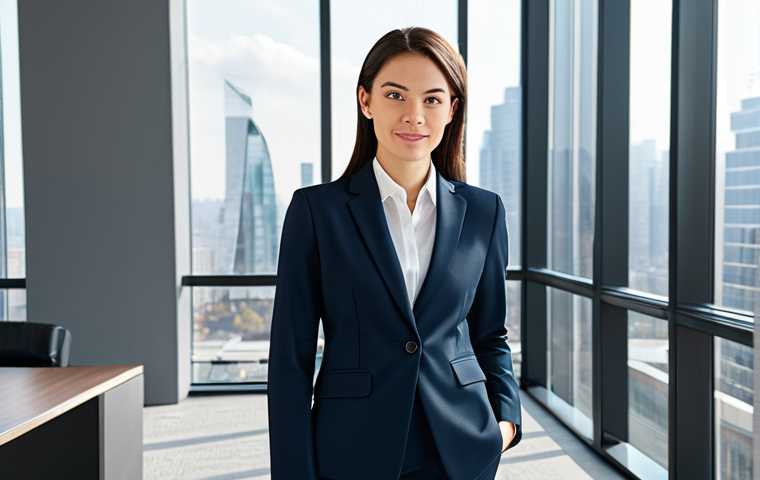 **
"A professional businesswoman in a modest, tailored business suit, standing confidently in a modern office lobby with large windows overlooking a cityscape, fully clothed, appropriate attire, safe for work, perfect anatomy, natural proportions, professional corporate photography, high quality, bright and airy lighting."
**