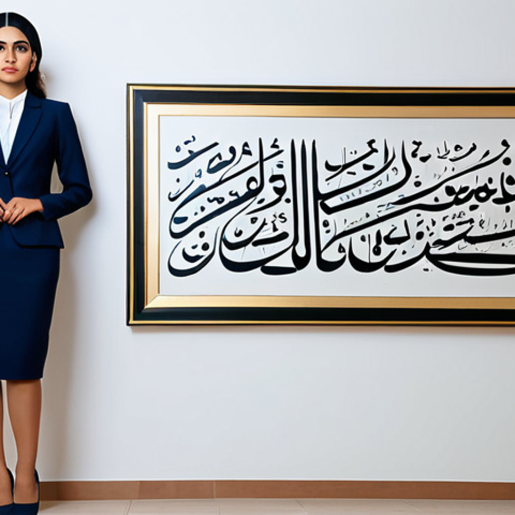 Modern Businesswoman**
"A professional Arab businesswoman in a modest, tailored business suit, standing confidently in a modern office with Arabic calligraphy art on the wall, fully clothed, appropriate attire, safe for work, perfect anatomy, natural proportions, professional photography, high quality."
**