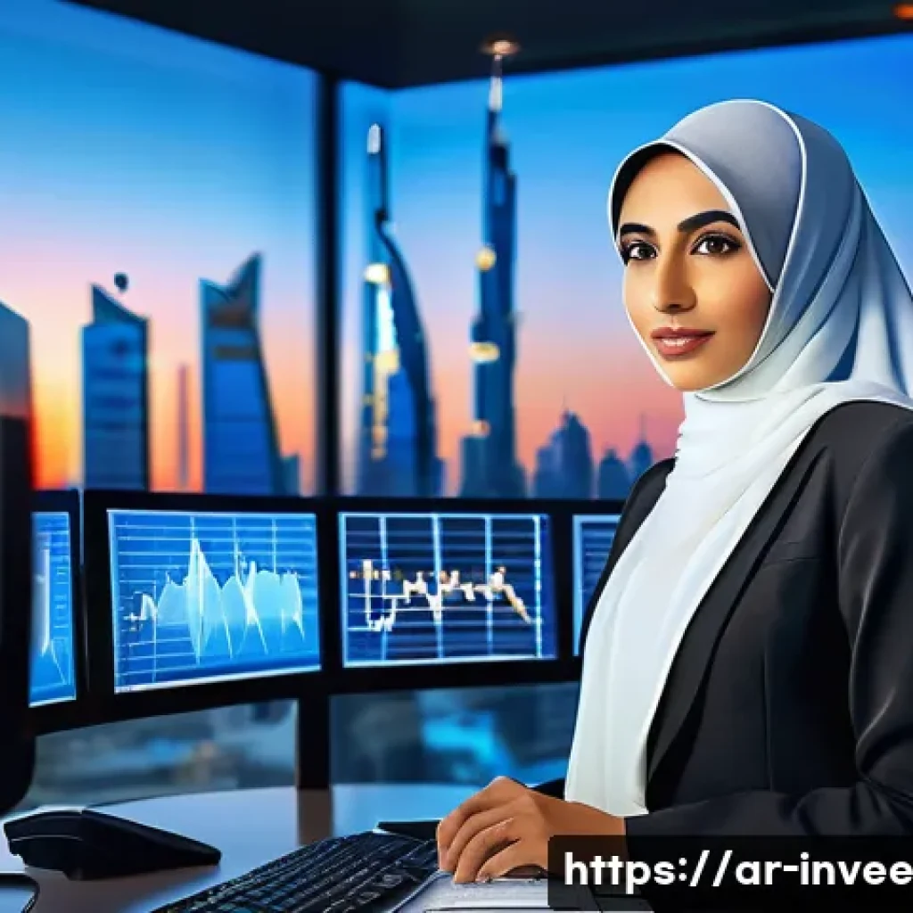 팩터 투자에서의 고위험 자산 관리 - A sophisticated Arab businesswoman in a modern office overlooking a Middle Eastern city skyline at s...