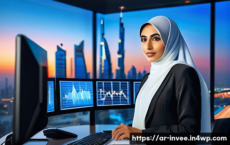 팩터 투자에서의 고위험 자산 관리 - A sophisticated Arab businesswoman in a modern office overlooking a Middle Eastern city skyline at s...