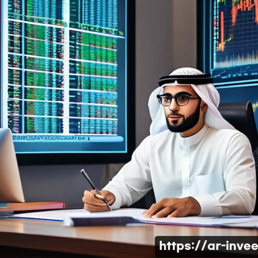 팩터 투자에서의 기업가치 평가 방법 - A modern Middle Eastern financial analyst office scene, with a young Arab male professional wearing ...