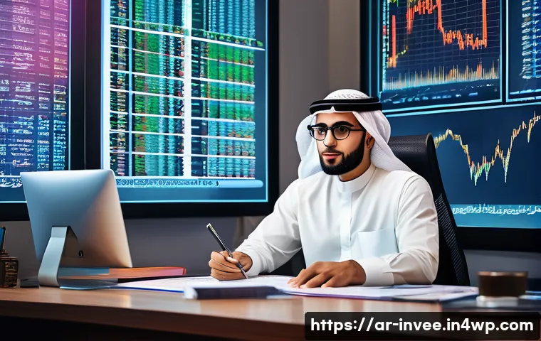 팩터 투자에서의 기업가치 평가 방법 - A modern Middle Eastern financial analyst office scene, with a young Arab male professional wearing ...