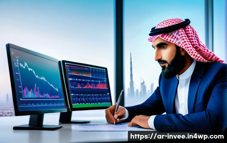 팩터 투자에서 발생하는 주요 오류 - A professional Arab male investor sitting at a modern office desk in Dubai, analyzing updated financ...