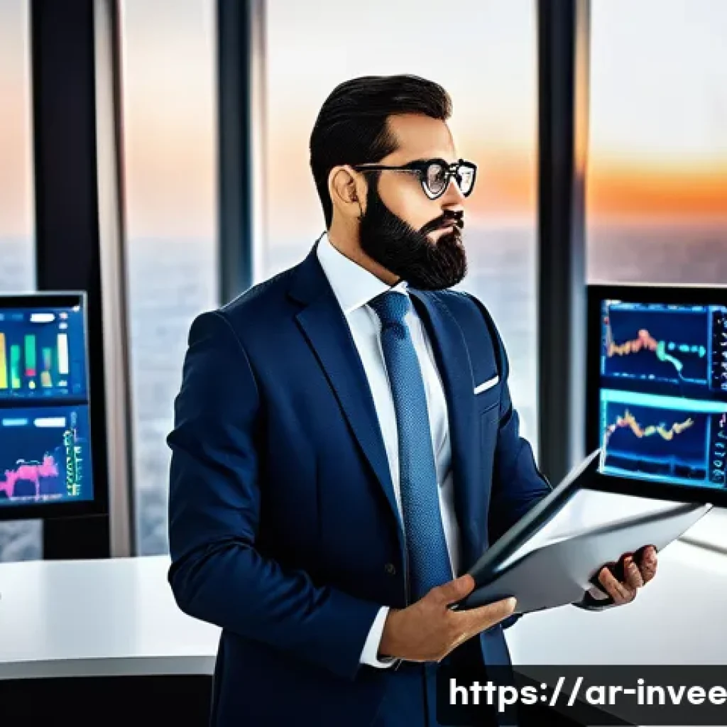 팩터 투자와 함께하는 금융 상품 - A sophisticated Middle Eastern financial analyst in a modern office overlooking a bustling Arab city...