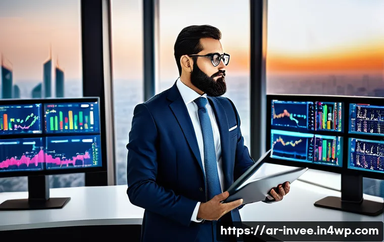 팩터 투자와 함께하는 금융 상품 - A sophisticated Middle Eastern financial analyst in a modern office overlooking a bustling Arab city...