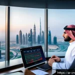 Home 20 팩터 투자에서의 통계적 방법론 - A modern Middle Eastern financial analyst in a sleek office overlooking a Dubai skyline at sunset, i...