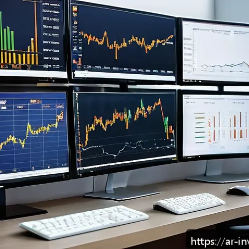Home 31 팩터 투자에서의 주식 선택 기준 - A detailed financial analyst workspace set in a modern Middle Eastern office, featuring an Arabic-la...