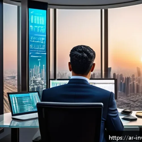 Home 30 팩터 투자에서 연구 결과의 적용 여부 - A modern Middle Eastern financial analyst in a sleek office overlooking a city skyline at sunset, st...