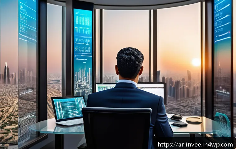 팩터 투자에서 연구 결과의 적용 여부 - A modern Middle Eastern financial analyst in a sleek office overlooking a city skyline at sunset, st...